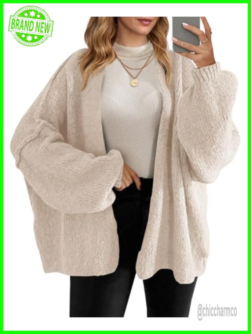 Oversized Open Front Chunky Knit Cardigan Sweater Lantern Sleeve